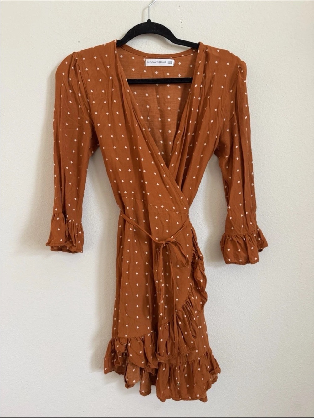 Faithfull The Brand Carmel Burnt Orange Polka Dot Wrap Mini Dress Size M US 6